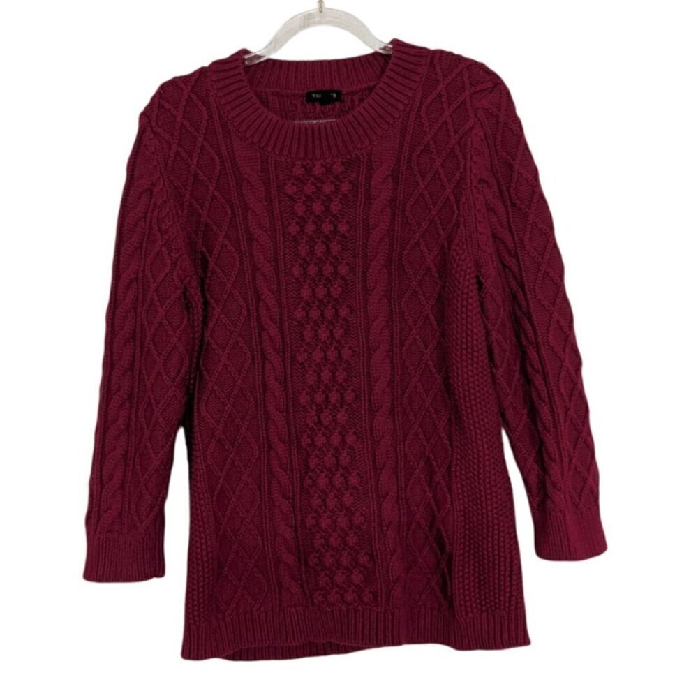 Talbots Cable Knit Sweater Womens Size Large Red Wool Blend Pullover 3/4 Sleeves